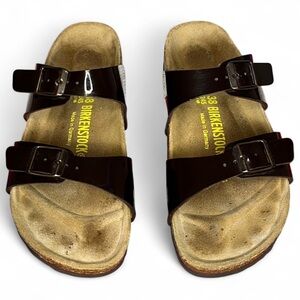 Birkenstock Arizona High Shine Dark Chocolate Brown Two Strap Leather Sandals